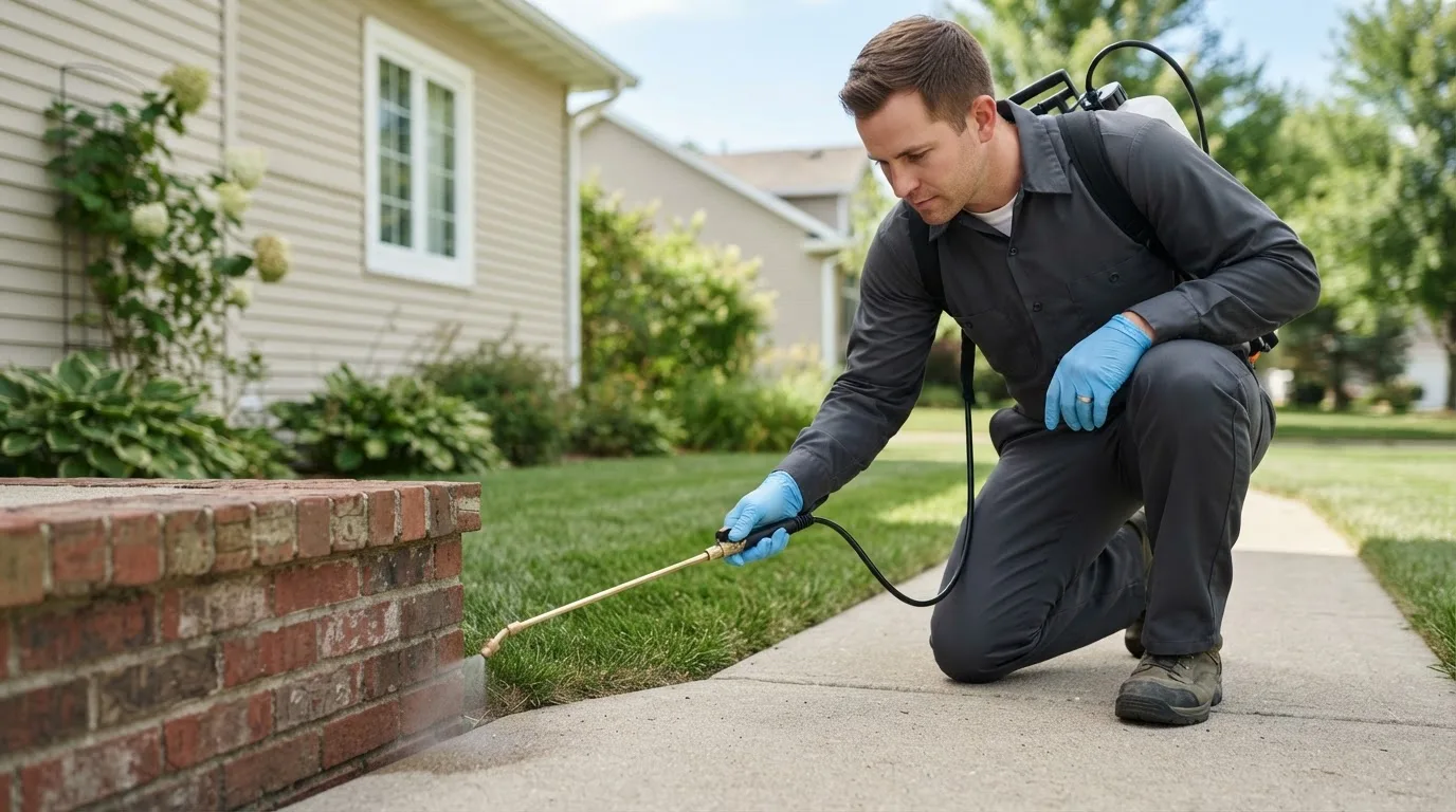Pest control technician treating a home near West Chazy, NY